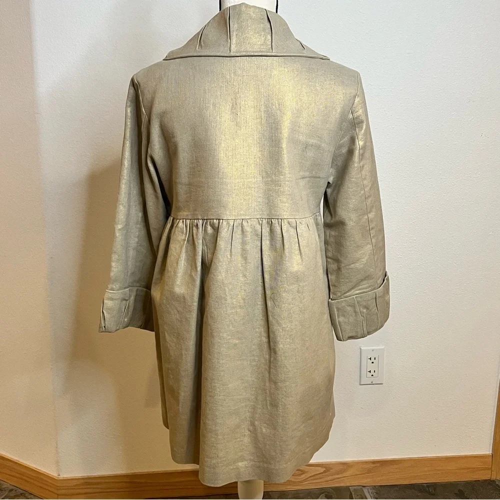 Kenzie Gold Metallic Light Weight Coat Big Buttons, Pleated Collar and Sleeves - Picture 3 of 11
